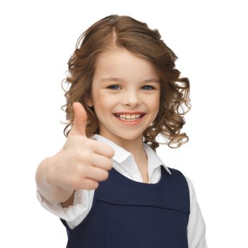 happy children and gestures concept - picture of beautiful pre-teen girl showing thumbs up