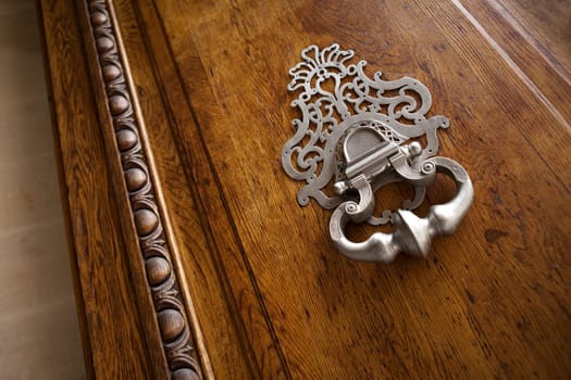 Bronze knocker on a stylish wooden door