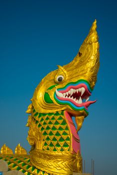 Large golden naga on the blue sky background.