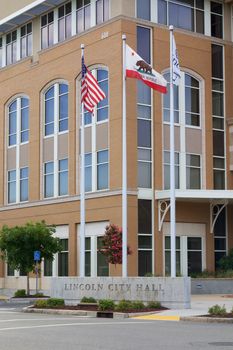 Lincoln, CA - July 7, 2015 - The outside sign of the Lincoln City Hall building. Lincoln is a city Northeast of Sacramento.