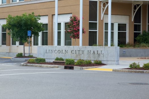Lincoln, CA - July 7, 2015 - The outside sign of the Lincoln City Hall building. Lincoln is a city Northeast of Sacramento.