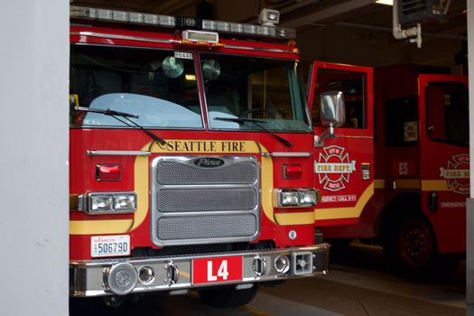 Seattle, WA - July 24, 2015 - Seattle Fire Department Truck Engine in Red