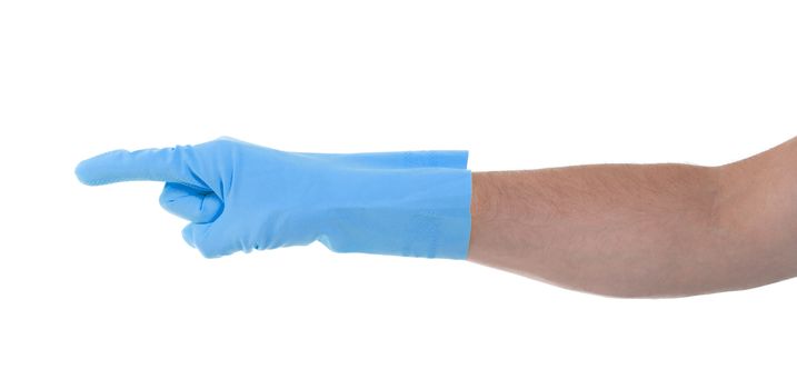 Hand in an cleaning glove making a directional sign on white background