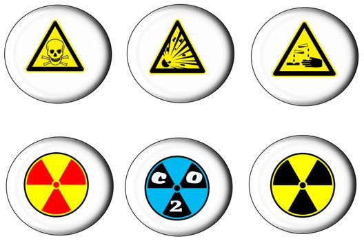 Set of triangular and round warning, danger signs to six buttons.