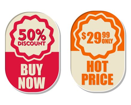 29,99 only, 50 percent discount, buy now and hot price text banners, two elliptic flat design labels, business shopping concept