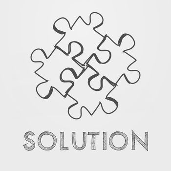 solution and puzzle pieces - text and sign in black white hand-drawn style, business creative concept