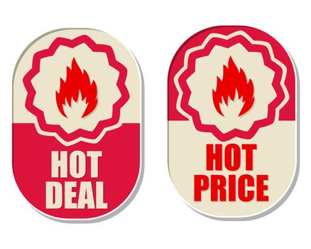 hot deal and hot price text banners with flames signs, two elliptic flat design labels with fire symbols, business shopping concept