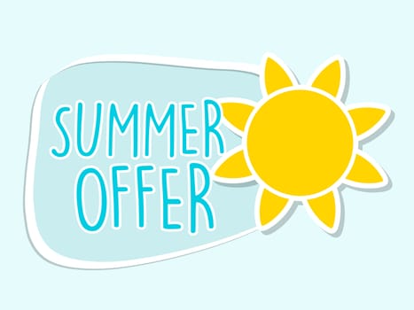 summer offer with yellow sun sign, blue flat design label, business seasonal shopping concept