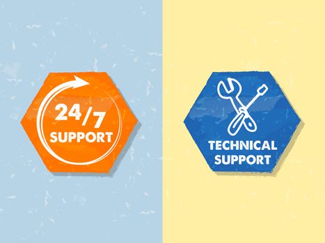 24/7 support and technical support with tools sign, text in two colorful grunge flat design hexagons with symbols, business attendance concept labels