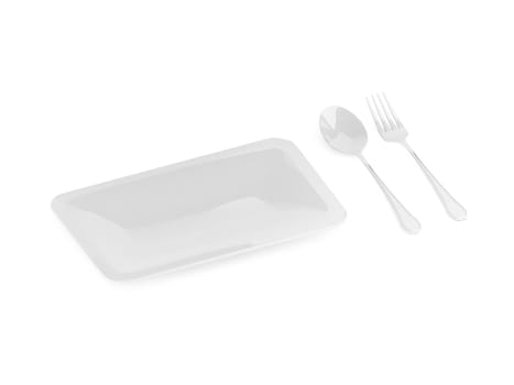 fork and spoon with white plate on white background