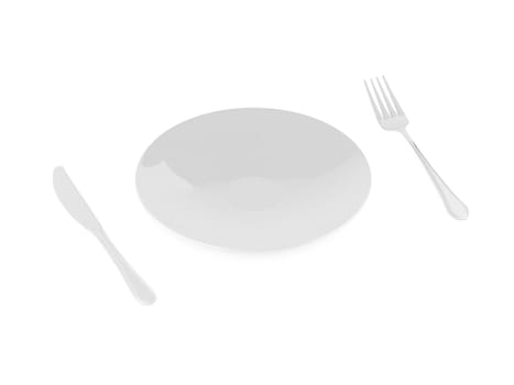 fork and spoon with white plate on white background