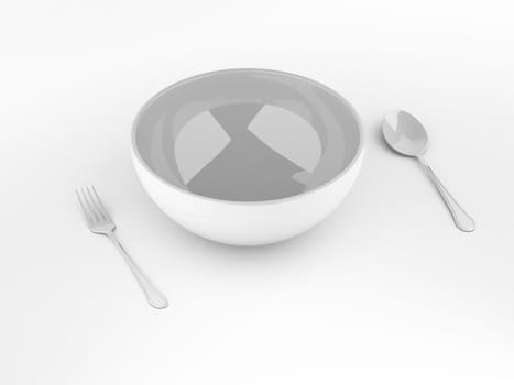 fork and spoon with white plate on white background