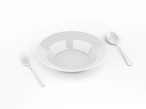 fork and spoon with white plate on white background