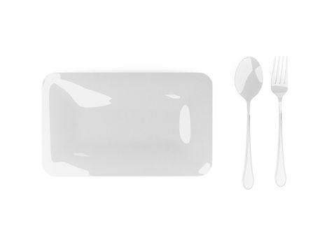 fork and spoon with white plate on white background