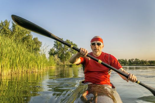 Senior male paddler is paddling a racing sea kayak on a lake along shore covered by reed