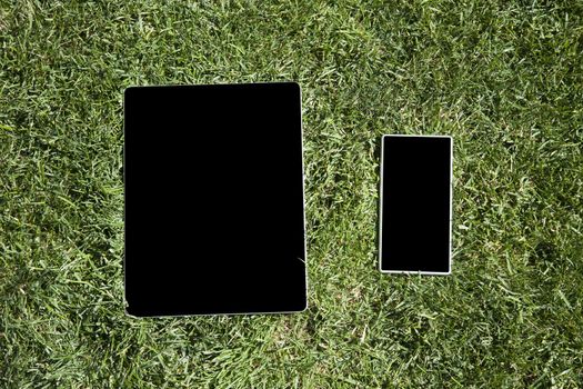 vertical digital tablet and mobile phone smartphone blank black screen on green grass lawn in park