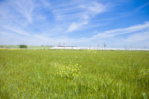 long high speed train in a landscape from Spain