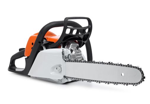Modern new chain saw front-right view isolated on white