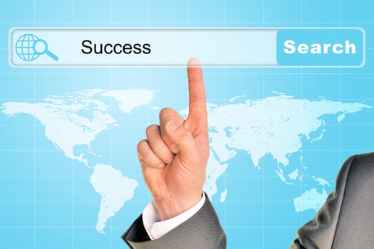 Businessmans hand on abstract blue background with word success in browser and world map