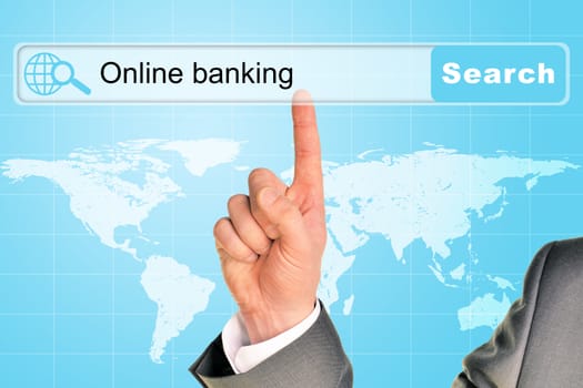 Businessmans hand on abstract blue background with words online banking in browser and world map