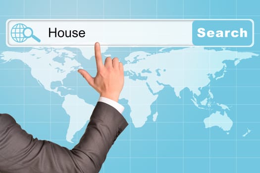 Businessmans hand on abstract blue background with word house in browser and world map