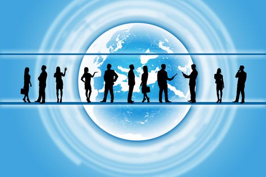 Silhouettes of business people standing in different postures on abstract background with earth. Elements of this image furnished by NASA