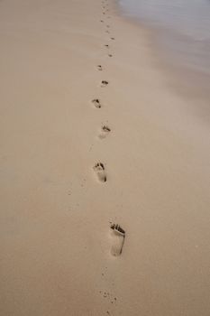 footprints both feet on a sand beach seaside next to Conil Cadiz Andalusia Spain