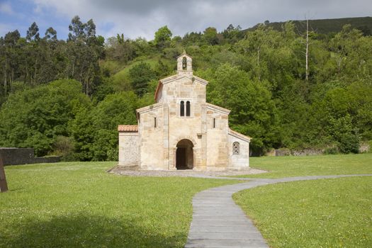 facade of IX century San Salvador from Valdedios monastery in Spain Europe