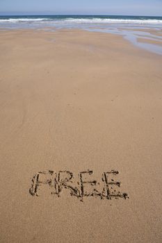 free word written on brown sand ground low tide beach ocean seashore in Spain Europe