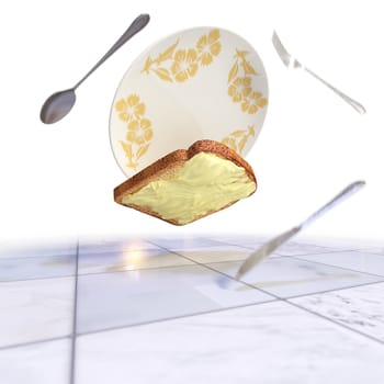 Bread and butter falling on the floor concept isolate background