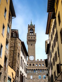 a view of the tower of Palazzo Vecchio in Florence, Italy