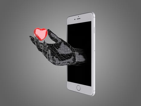 Hand hold the red heart out of a smart phone.