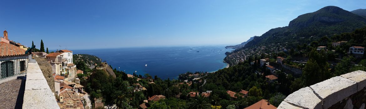 View on Azure coast in Roquebrune Cap Martin. The old village, the cape and the bay of Roquebrune