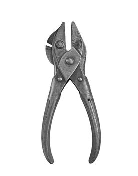 vintage rusty parallel pliers and cutters over white, clipping path