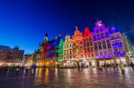 Grand Place with colorful lighting at Dusk in Brussels, Belgium