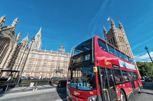 LONDON - JUNE 14: The much heralded hybrid 'New Bus For London' is now in service on route 38. It is 50% more fuel efficient than existing diesel buses. JUNE 14, 2015 in London