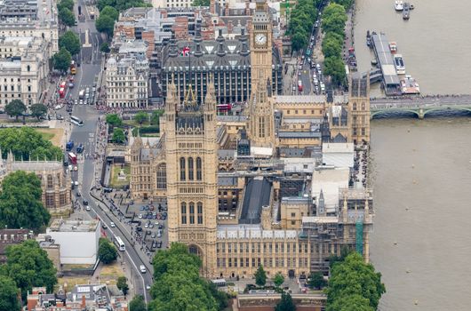Helicopter view of Westminster Palace, London.