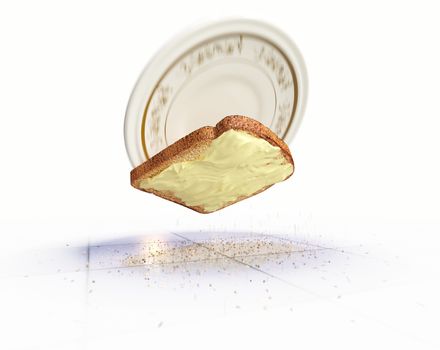 Bread and butter falling on the floor concept isolate background