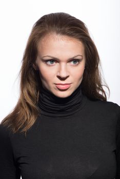 Portrait of young beautiful woman close up on white background