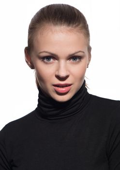 Portrait of young beautiful woman close up on white background