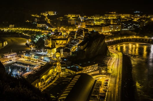 Beautiful night cityscape over the Getaria city in Spain