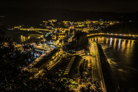 Beautiful night cityscape over the Getaria city in Spain