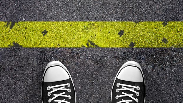 Cross the yellow line ? Concept illustration showing shoes in front of a yellow line.