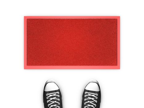 Concept illustration showing shoes in front of a red door map. Copy space available.