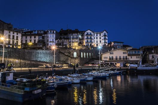 Beautiful night cityscape over the Getaria city in Spain