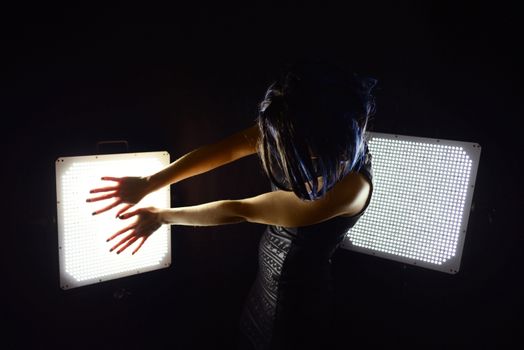 Photo of a cyberpunk woman silhouette. Taken in Riga, Latvia.