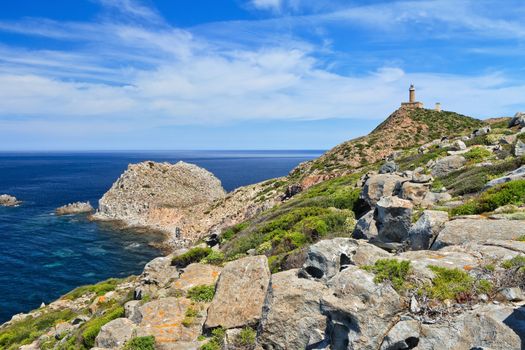 cliff and lighthouse in Capo Sandalo, Carloforte, south west sardinia, Italy