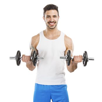 Portrait of a muscular man lifting weights, isolated over a white background