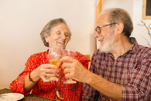 Old couple toasting and looking happy at a restaurant