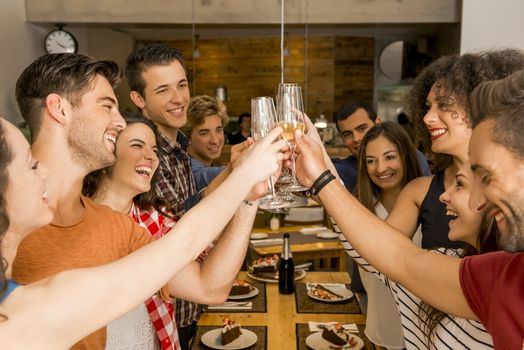 Group of friends toasting and looking happy at a restaurant